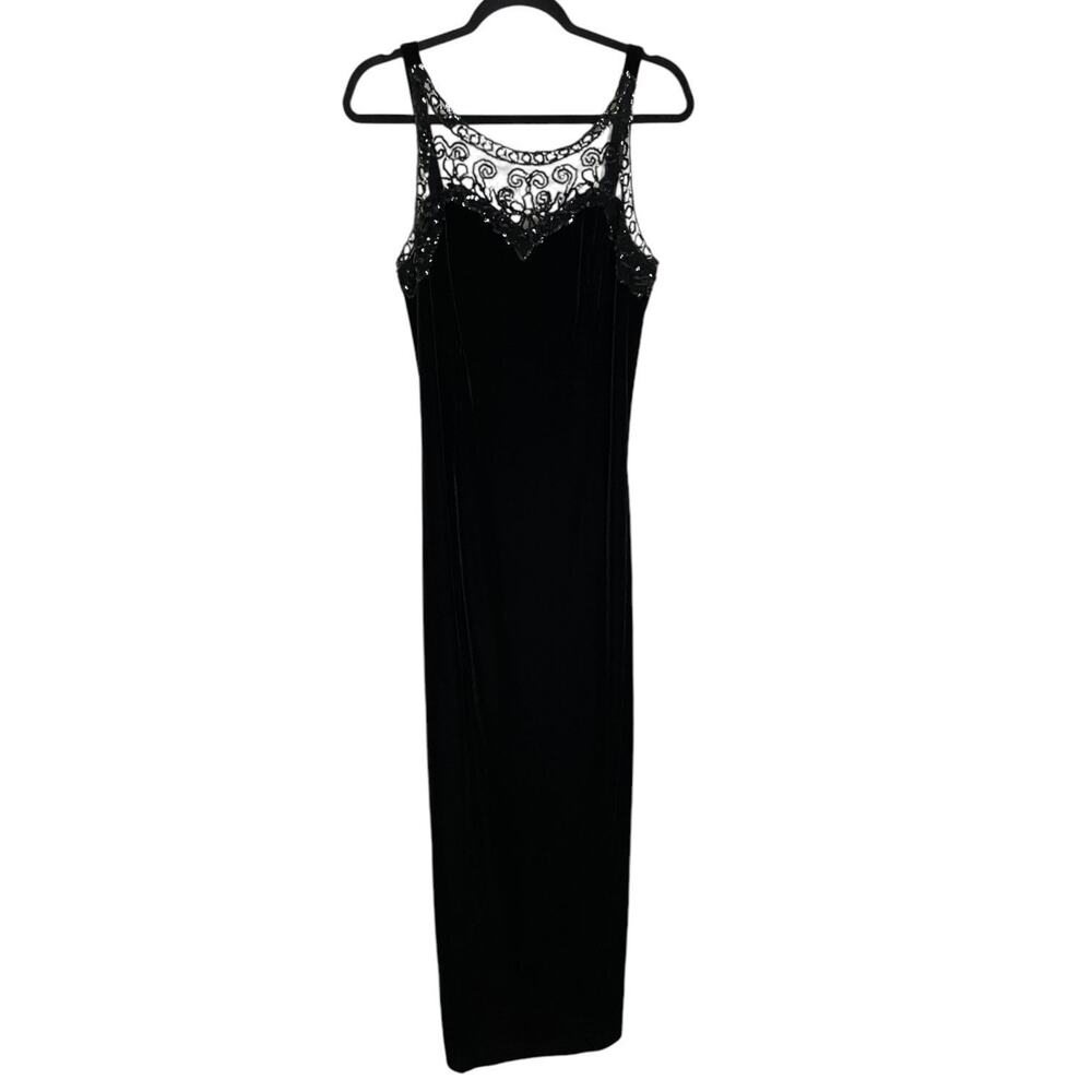 90s Night Way Black Slinky Velvet Vamp Dress Sequin Mesh Illusion Sweetheart 14